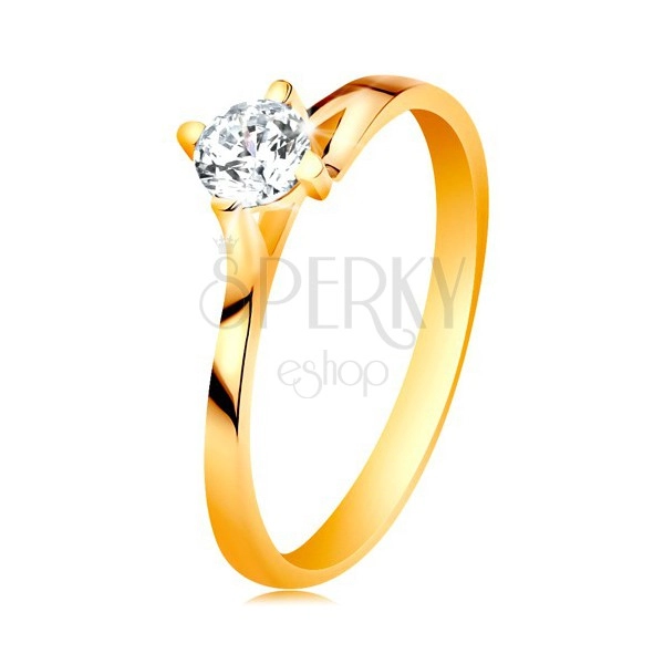 Prsten ve žlutém 14K zlatě - třpytivý čirý zirkon v lesklém vyvýšeném kotlíku