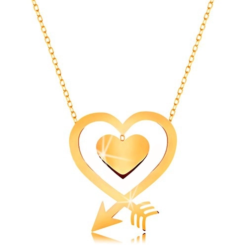Levně Náhrdelník ve žlutém 9K zlatě - tenký řetízek, kontura srdce ze šípu, srdíčko