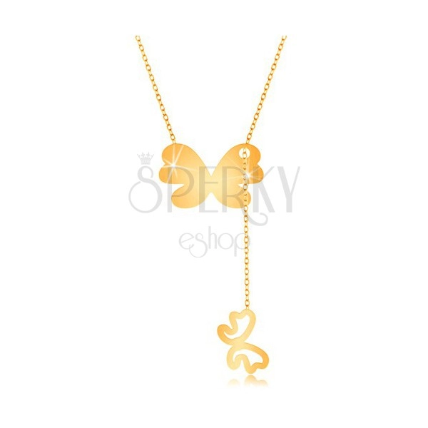 Zlatý 9K náhrdelník - větší motýl s visícím obrysem menšího motýlka