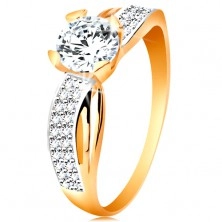 Prsten ze 14K zlata - kulatý zirkon čiré barvy, třpytivá linie, úzké výřezy