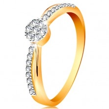 Prsten ve 14K zlatě - překřížené dvoubarevné linie ramen, kulatý zirkonový kvítek