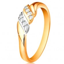 Zlatý prsten 585 - dvě vlnky z bílého a žlutého zlata, třpytivé čiré zirkony