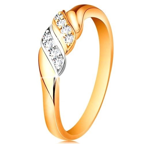Zlatý prsten 585 - dvě vlnky z bílého a žlutého zlata, třpytivé čiré zirkony - Velikost: 57