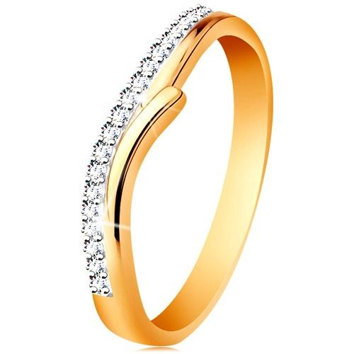 Zlatý 14K prsten s rozdělenými dvoubarevnými rameny, čiré zirkony - Velikost: 50