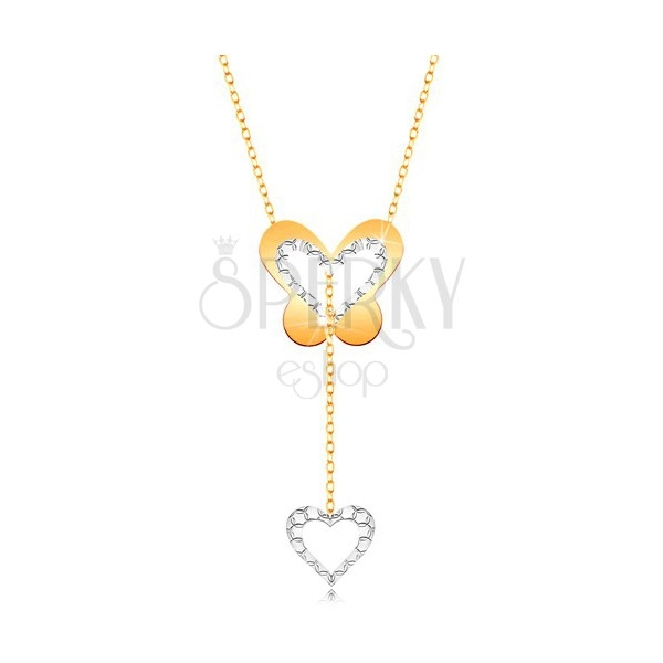 Zlatý 9K náhrdelník - motýl s výřezem a visící konturou srdíčka na řetízku