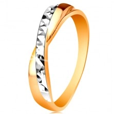 Prsten ve 14K zlatě - dvoubarevná překřížená ramena, drobné blýskavé rýhy