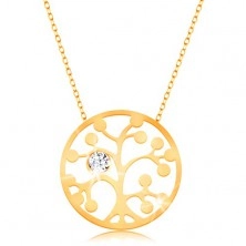 Zlatý náhrdelník 375 - kruh s vyřezávaným stromem a čirým zirkonkem