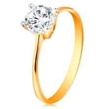 Zlatý prsten 14K - zúžená ramena, zářivý čirý zirkon v lesklém kotlíku