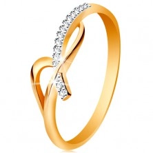 Prsten ve 14K zlatě - asymetricky propletená ramena, kulaté čiré zirkony
