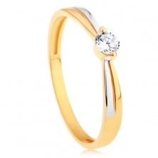 Prsten ve 14K zlatě - dvoubarevná ramena, kulatý zářivý zirkon čiré barvy