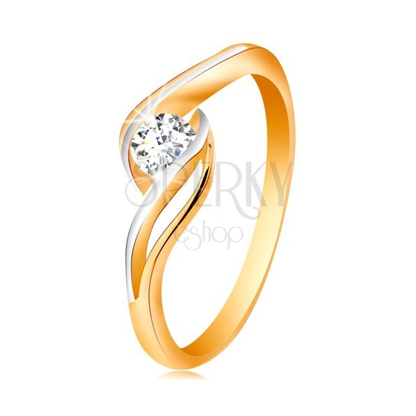 Zlatý prsten 585 - čirý zirkon, dvoubarevná, rozdělená a zvlněná ramena