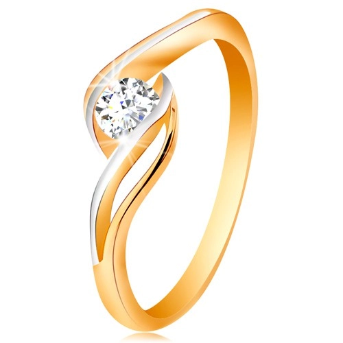 Zlatý prsten 585 - čirý zirkon, dvoubarevná, rozdělená a zvlněná ramena - Velikost: 52