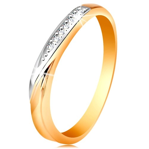 Dvoubarevný zlatý prsten 585 - vlnka z bílého zlata a drobných čirých zirkonů - Velikost: 54