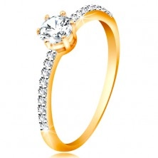 Prsten ve žlutém 14K zlatě - třpytivý čirý zirkon v kotlíku, zirkonová ramena