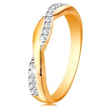 Lesklý prsten ze 14K zlata - dvě propletené vlnky - hladká a zirkonová