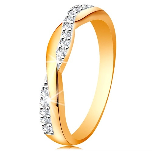 Lesklý prsten ze 14K zlata - dvě propletené vlnky - hladká a zirkonová - Velikost: 56