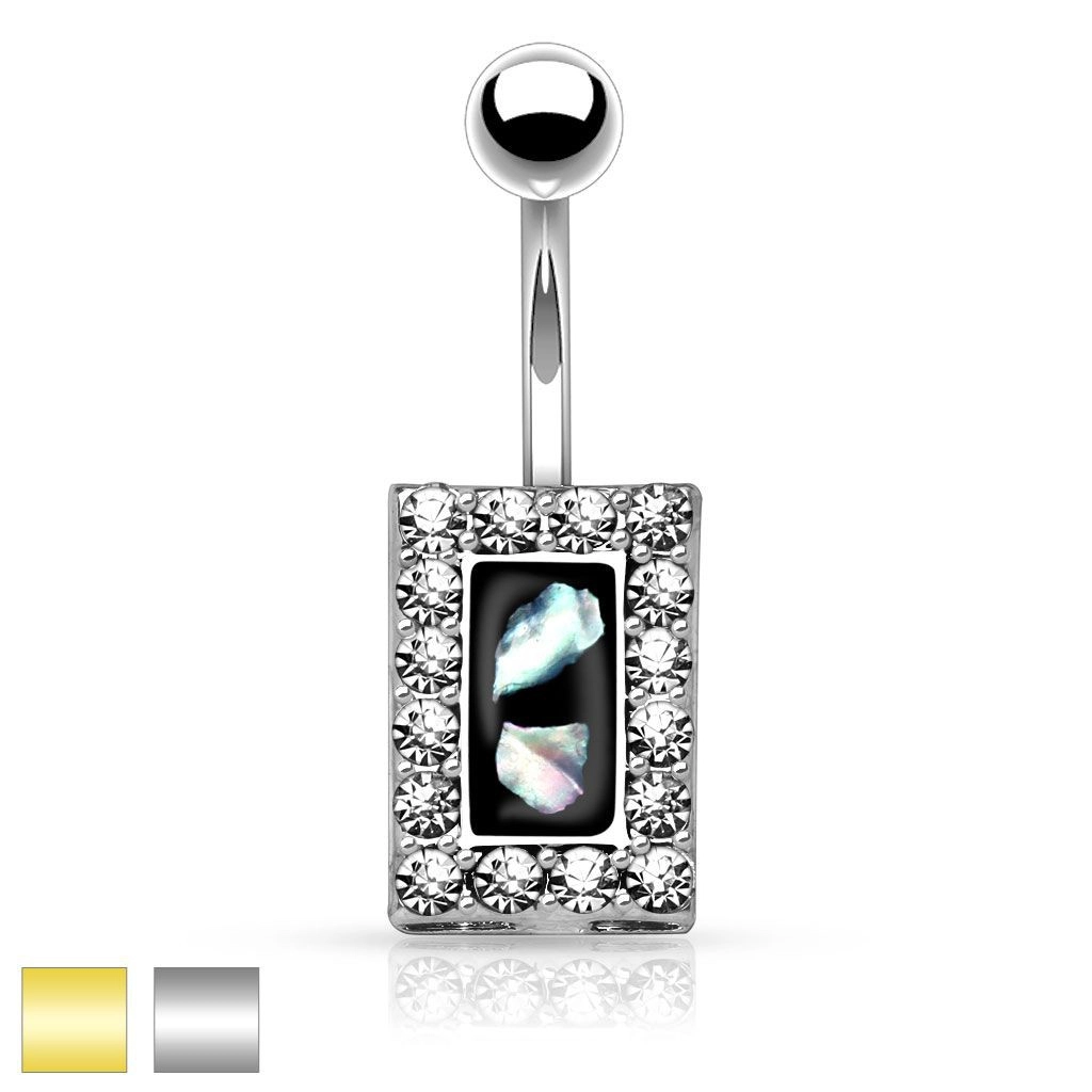 Ocelový piercing do bříška, černý obdélník s kousky perleti, zirkonový lem - Barva piercing: Stříbrná