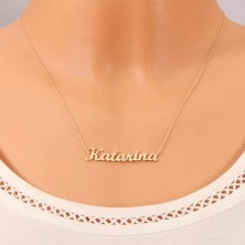 Zlatý nastavitelný náhrdelník 14K se jménem Katarína, jemný blýskavý řetízek