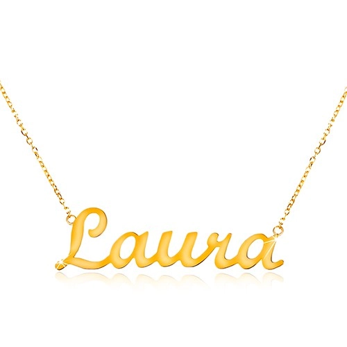 Náhrdelník ve žlutém 14K zlatě - tenký blýskavý řetízek, lesklý nápis Laura