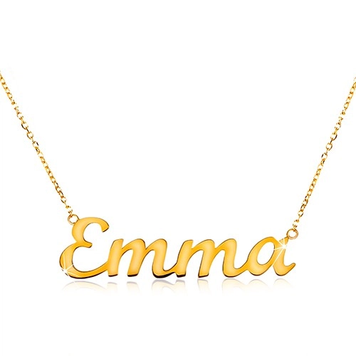 Náhrdelník ve žlutém 14K zlatě - tenký blýskavý řetízek, lesklý nápis Emma