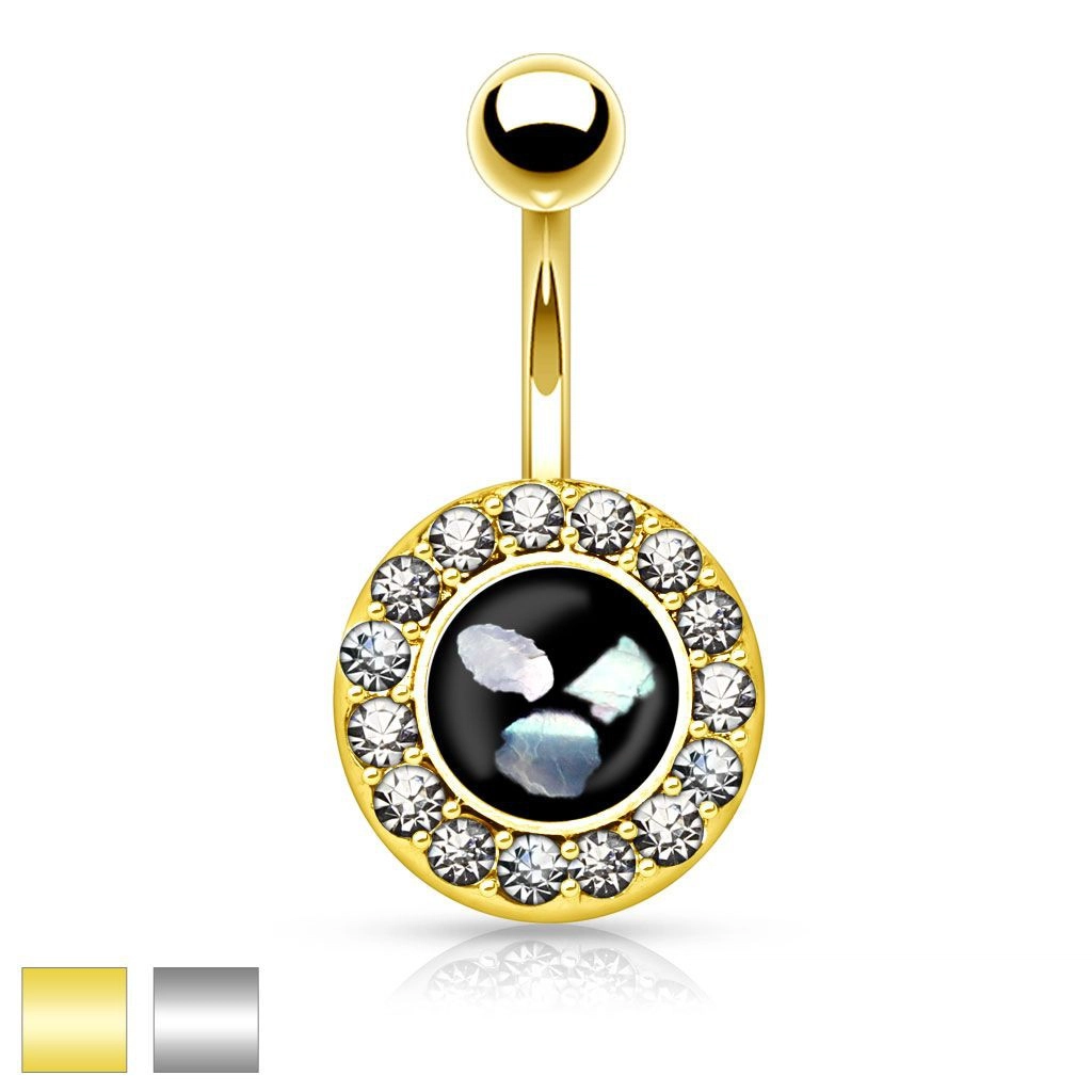 Ocelový piercing do bříška, černý kruh s kousky perleti, zirkonový lem - Barva piercing: Stříbrná