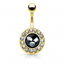 Ocelový piercing do bříška, černý kruh s kousky perleti, zirkonový lem