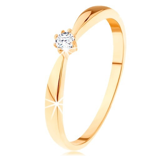 Prsten ze žlutého 14K zlata - zaoblená ramena, kulatý diamant čiré barvy - Velikost: 65