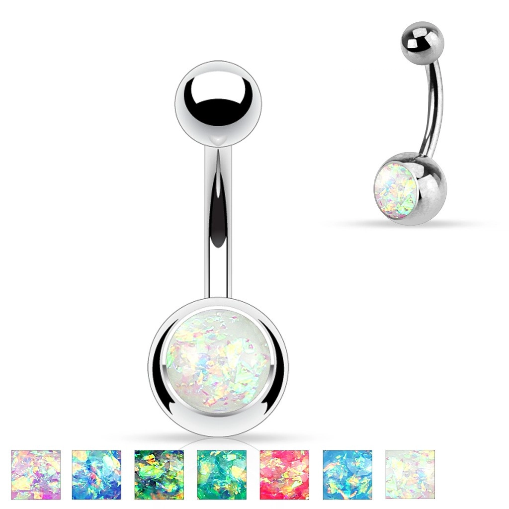 Ocelový piercing do bříška stříbrné barvy, kulička s imitací opálu - Barva: Růžová