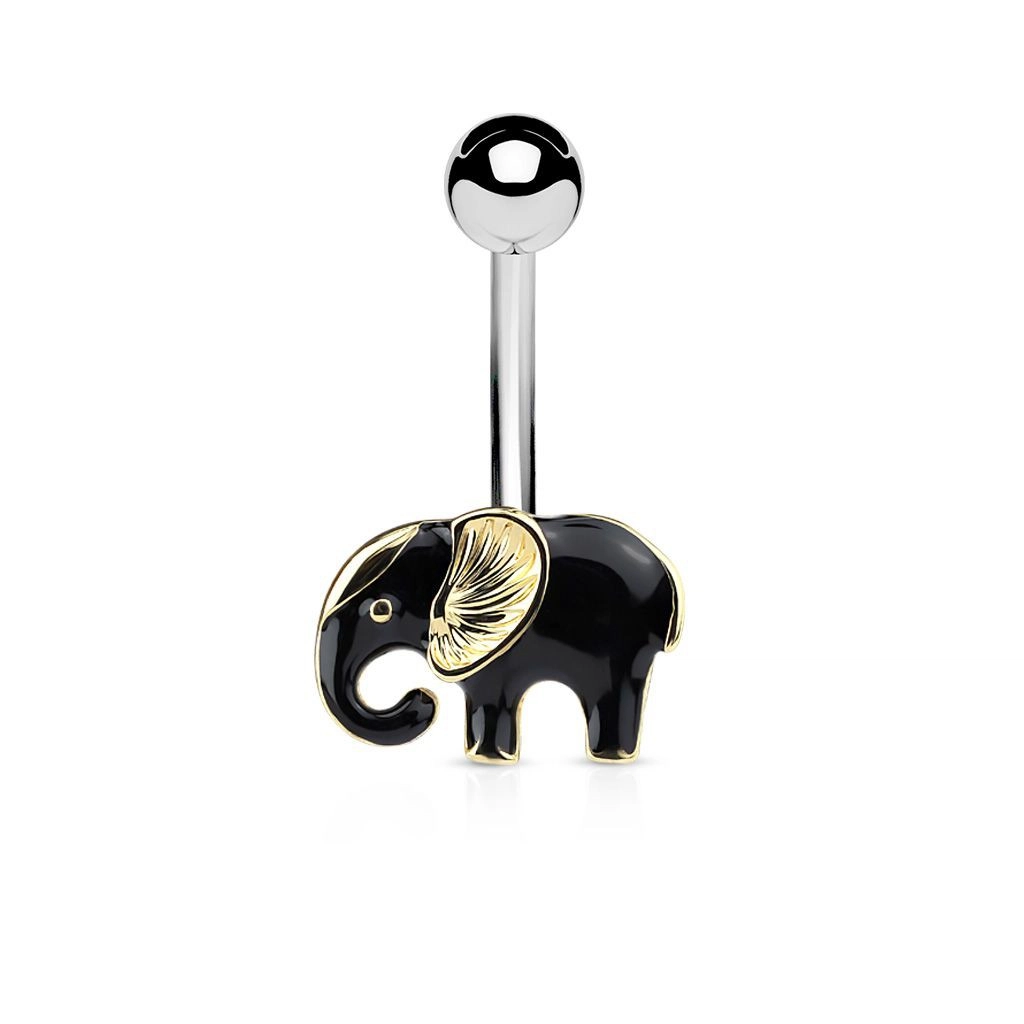 Piercing do pupíku z chirurgické oceli, slon v černo-zlaté barevné kombinaci