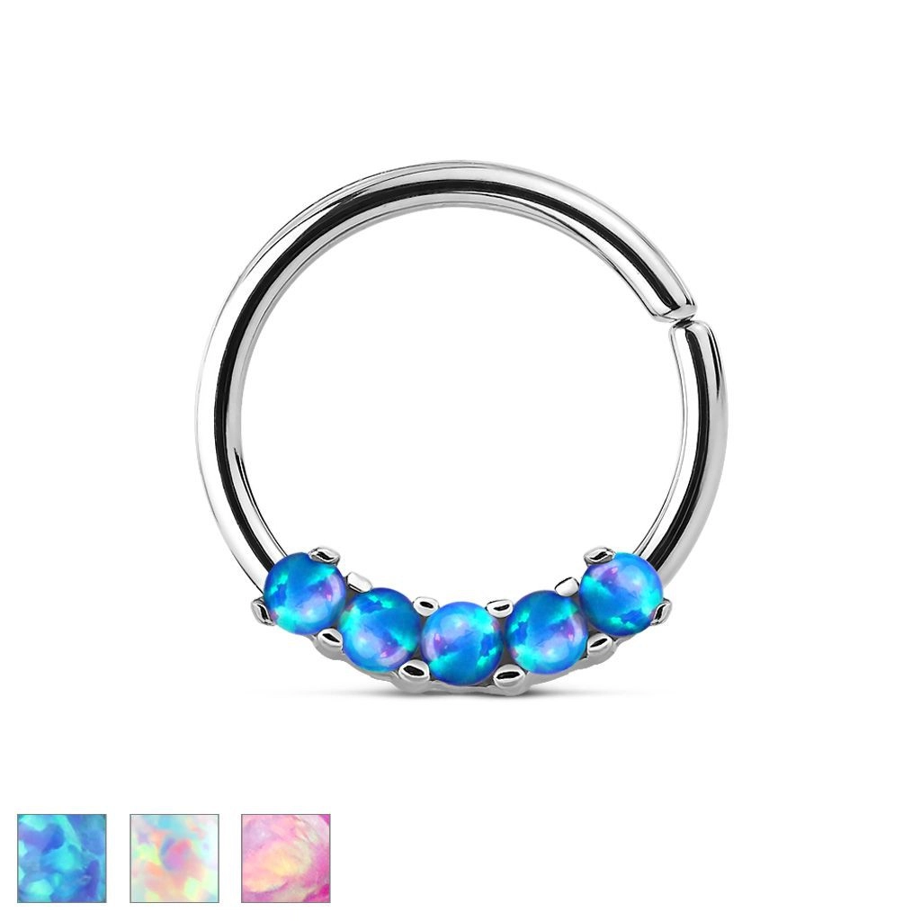 Ocelový piercing stříbrné barvy, lesklý kroužek se syntetickými opály - Barva piercing: Modrá