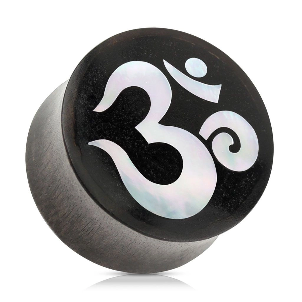 Sedlový plug do ucha ze dřeva černé barvy, duchovní symbol jógy ÓM - Tloušťka : 22 mm
