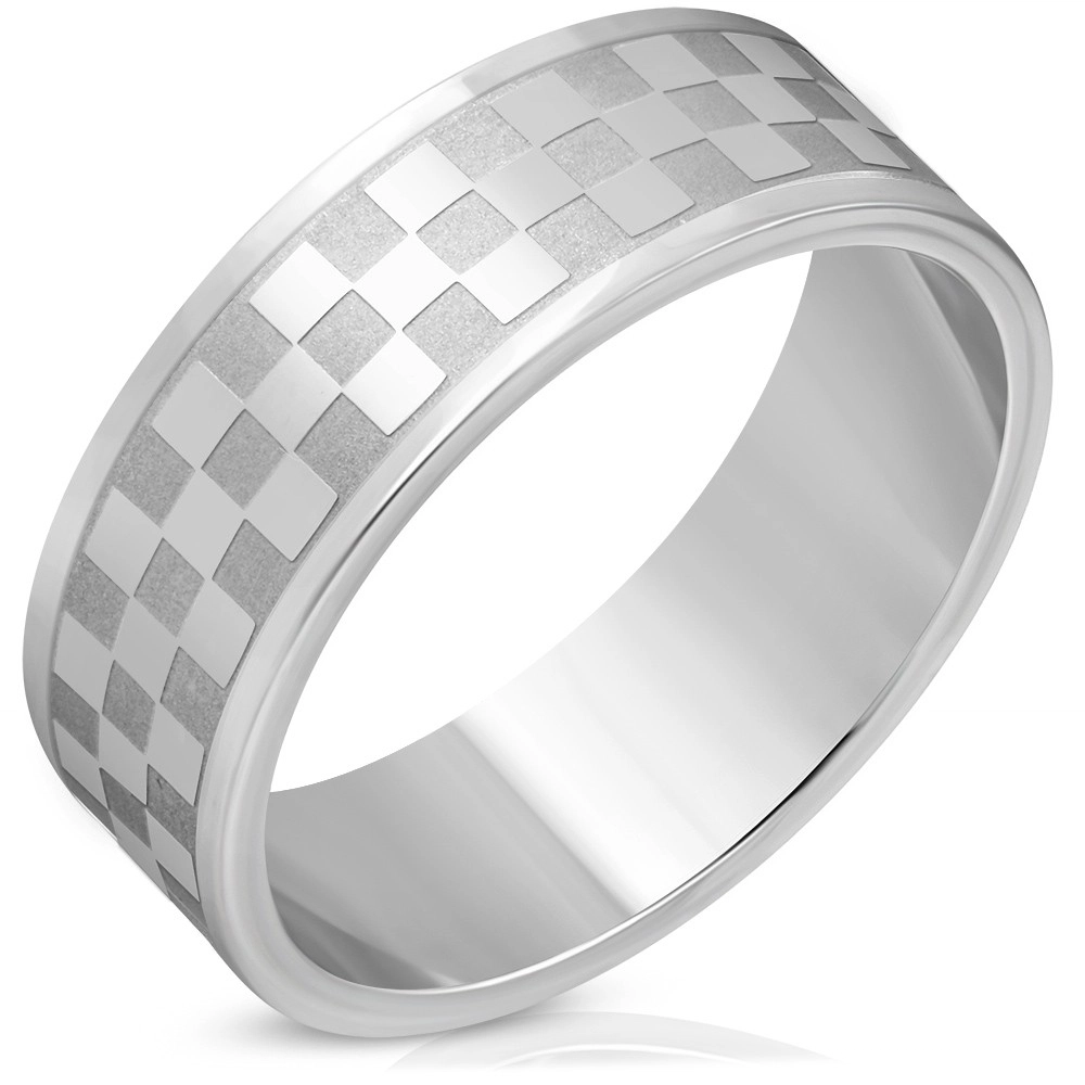 Ocelový prsten ve stříbrném odstínu - matné a lesklé čtverce, 8 mm - Velikost: 62