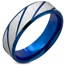 Prsten z chirurgické oceli, drsný povrch, tmavě modré šikmé zářezy, 7 mm