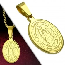Ocelový přívěsek, zlatý odstín, oválný medailon s Pannou Marií a nápisem