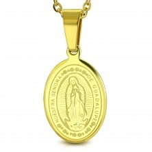 Ocelový přívěsek, zlatý odstín, oválný medailon s Pannou Marií a nápisem