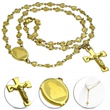 Náhrdelník z chirurgické oceli zlaté barvy s medailonem Panny Marie a s křížem
