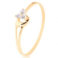 Prsten ze žlutého 14K zlata - tři diamanty v jemném růžovém odstínu, srdíčko