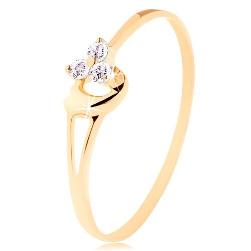 Prsten ze žlutého 14K zlata - tři diamanty v jemném růžovém odstínu, srdíčko - Velikost: 49