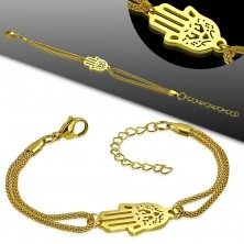 Náramek z chirurgické oceli ve zlatém odstínu, ruka Hamsa a dvojitý řetízek