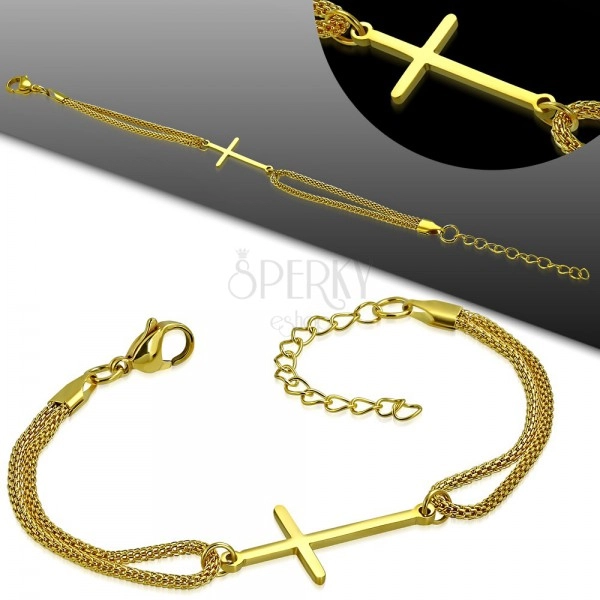 Ocelový náramek zlaté barvy, lesklý latinský kříž a dvojitý řetízek