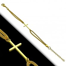 Ocelový náramek zlaté barvy, lesklý latinský kříž a dvojitý řetízek