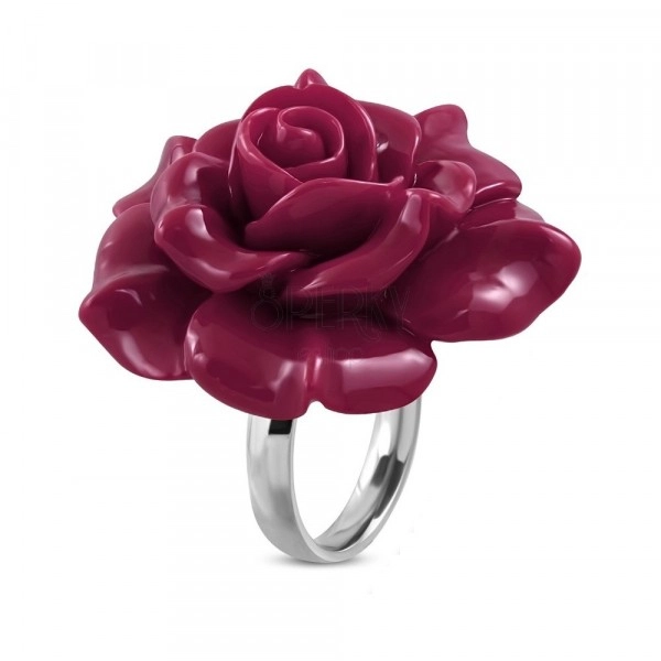 Prsten z oceli 316L - velká růžovofialová rozkvetlá růže z pryskyřice