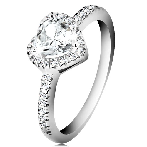 Stříbrný prsten 925 - třpytivé srdce s čirým zirkonovým lemem - Velikost: 52