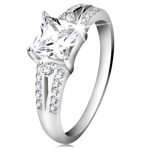 Zásnubní prsten, stříbro 925, čirý zirkonový čtverec, zdobená ramena - Velikost: 50