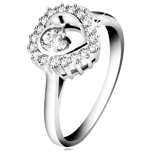 Prsten ze stříbra 925, rhodiovaný, čirý obrys srdce s kulatým zirkonem uvnitř - Velikost: 48