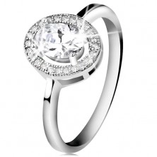 Stříbrný prsten 925, broušený oválný zirkon, čirý blýskavý lem
