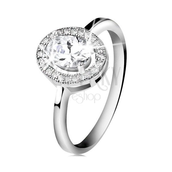 Stříbrný prsten 925, broušený oválný zirkon, čirý blýskavý lem