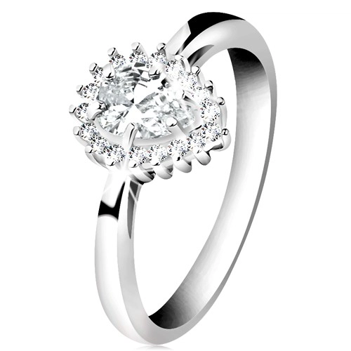 Rhodiovaný prsten ze stříbra 925, blýskavá kapka z čirých zirkonů - Velikost: 59