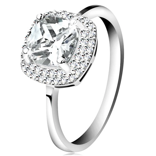 Prsten ze stříbra 925, čirý broušený zirkon - čtverec, třpytivý lem - Velikost: 50