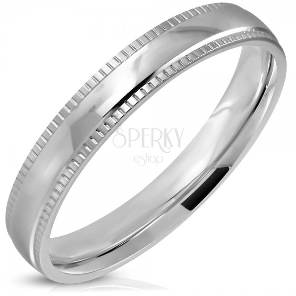 Prsten z oceli 316L, stříbrný odstín, lesklý střed a vroubkované okraje, 4 mm
